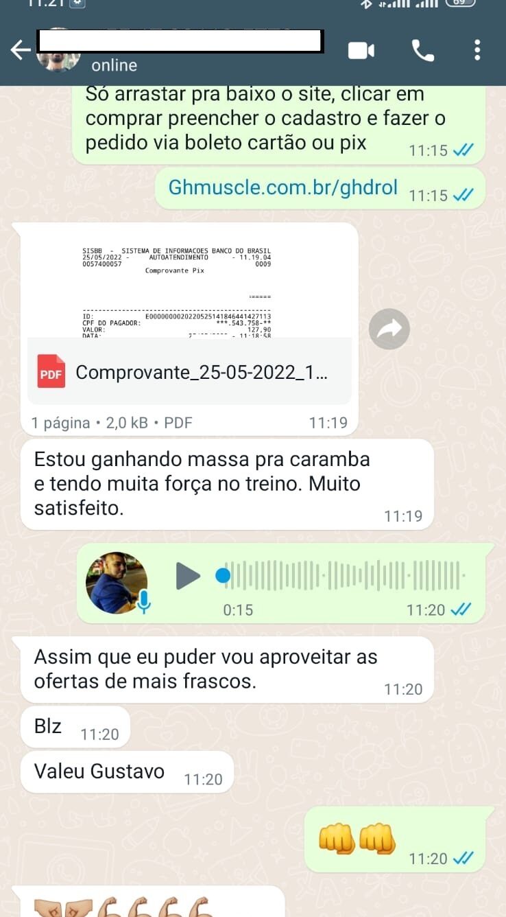 Conversa de cliente relatando resultados com GHDROL